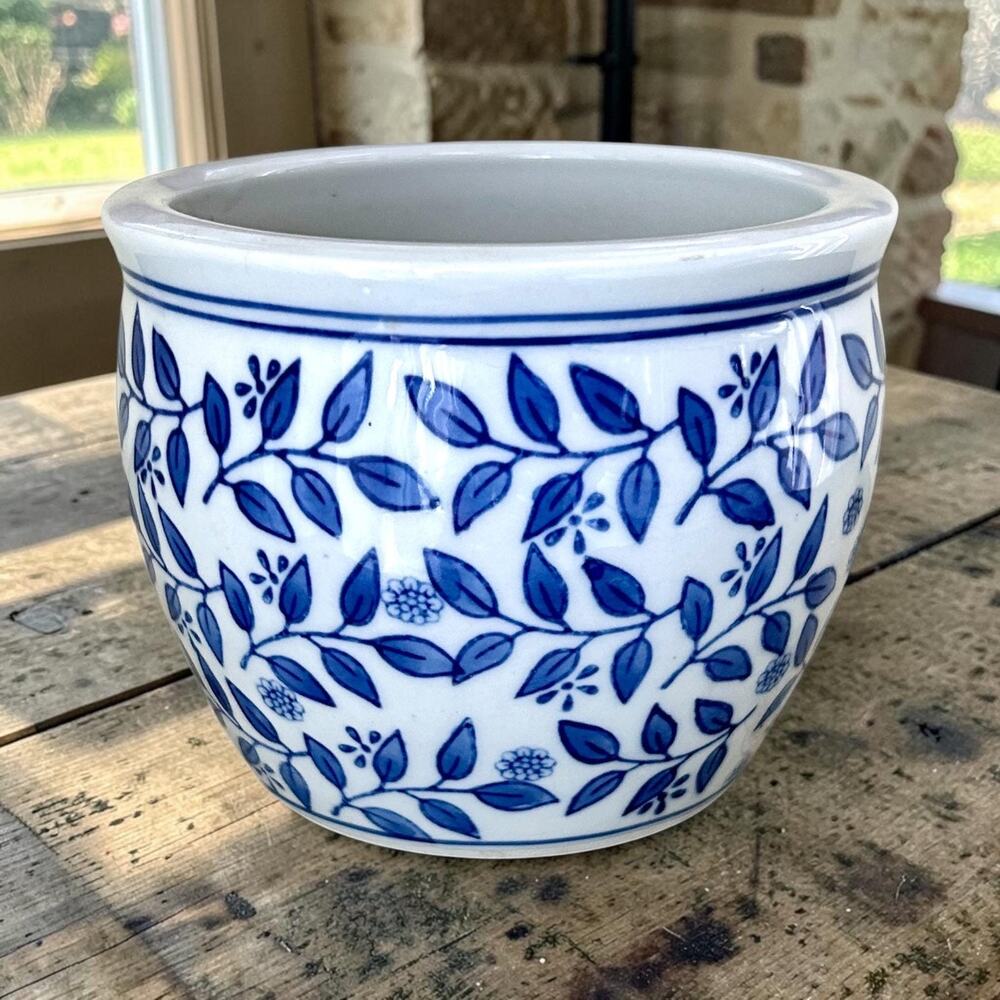 Vintage Asian White and Blue Fish Bowl Ceramic Planter, 9in | Indoor Planter